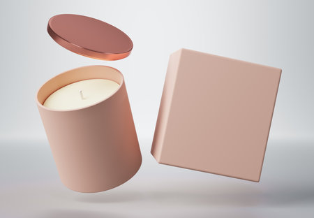 Ceramic glass jar candle with rose gold lid and box 3D render mockupの写真素材
