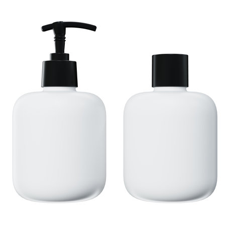 Set of two care product bottles 3D render mockup, plastic lotion dispenser and shampoo bottle isolatedの写真素材