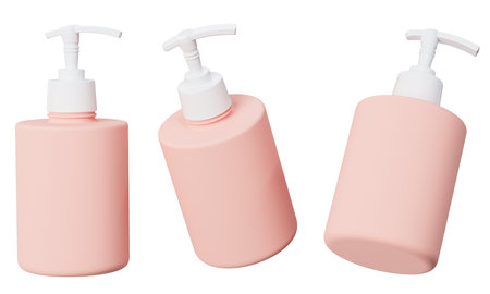 Cosmetic dispenser mockup 3D render, pink plastic care product bottle template isolated on white backgroundの写真素材