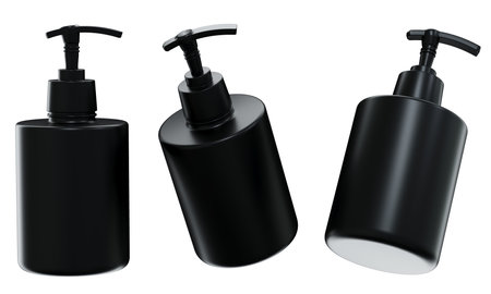 Cosmetic dispenser mockup 3D render, black plastic care product bottle template isolated on white backgroundの写真素材