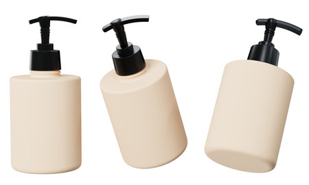 Cosmetic dispenser mockup 3D render, beige plastic care product bottle template isolated on white backgroundの写真素材