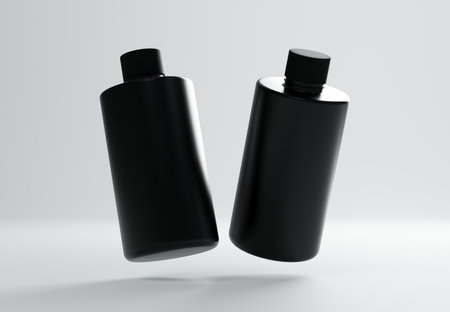 Two plastic shampoo bottles floating on gray background 3D render mockupの写真素材