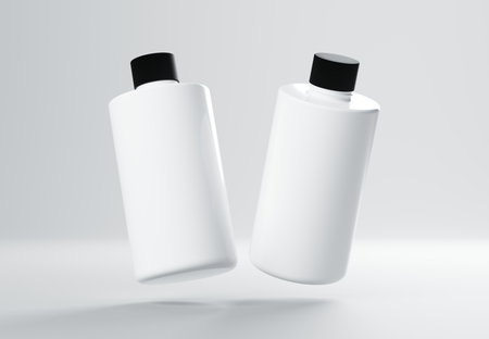 Two plastic shampoo bottles floating on gray background 3D render mockupの写真素材