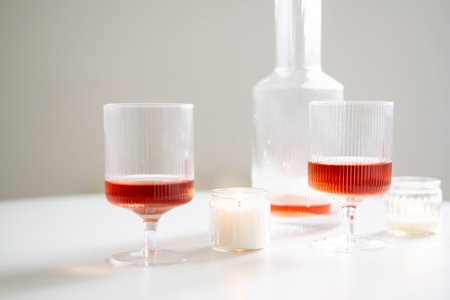 Rose wine in trendy ribbed wineglasses and decanter on white tableの写真素材