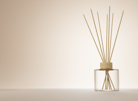 Aroma diffuser clear glass bottle with wooden cap and sticks 3D renderの写真素材