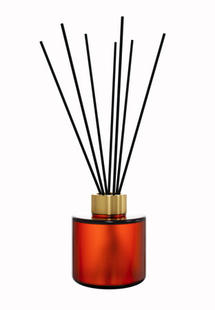 Aroma diffuser brown glass bottle with gold cap and sticks 3D renderの写真素材