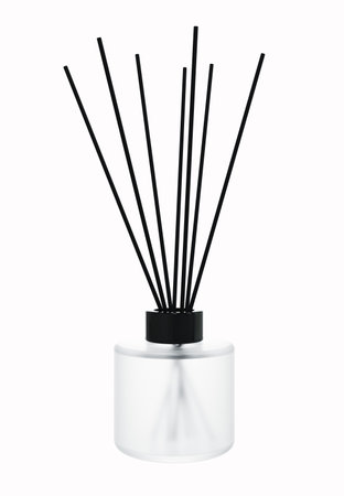 Aroma diffuser frosted glass bottle with black cap and sticks 3D renderの写真素材