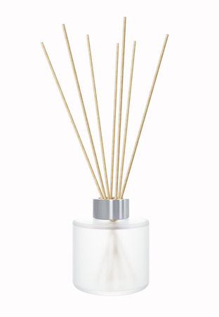 Aroma diffuser clear glass bottle with silver cap and wooden sticks 3D renderの写真素材