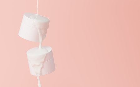 Two floating cosmetic jars and liquid cream flowing from above 3D render on pink backgroundの写真素材