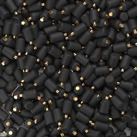 A lot of black plastic bottles, identical cosmetic packaging for shampoo and creamの写真素材