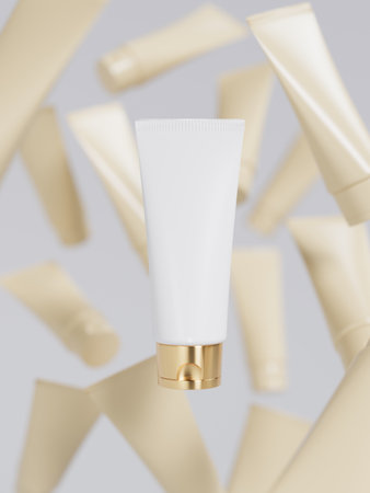 Cosmetic cream tube floating on abstract defocused background, beauty and care product presentation displayの写真素材