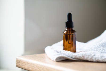 Amber glass serum oil dropper bottle and white towel on table mock-up, cosmetic container daylight shotの写真素材