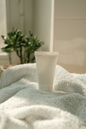 White cream tube and towel in real room interior mock-up, beauty and care product packaging templateの写真素材