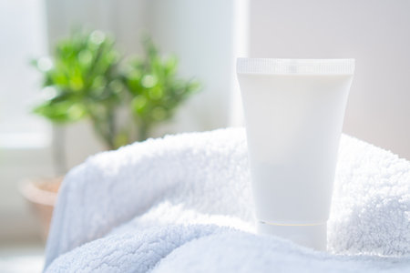 White cream tube and towel in real room interior mock-up, beauty and care product packaging templateの写真素材