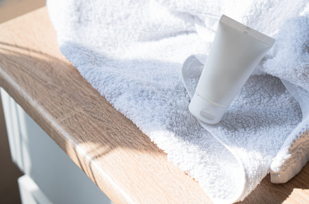 White cream tube on cotton towel mock-up, beauty and care product packaging templateの写真素材