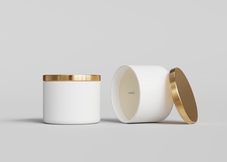 Two white ceramic candle jars with gold lids mockup, 3D renderの写真素材