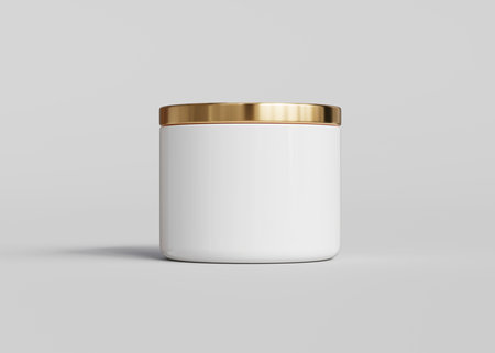 White ceramic candle jar with gold lid front view mockup, 3D renderの写真素材