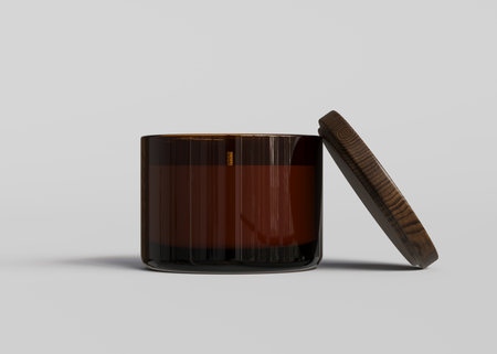 Amber glass jar candle container mockup front view on gray background 3D renderの写真素材