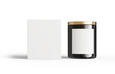 Black ceramic candle jar with lid and box isolated on transparent background, container candle mockupの写真素材