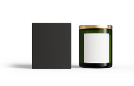 Green glass candle jar with lid and box isolated on transparent background, container candle mockupの写真素材