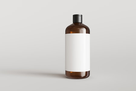 Brown plastic hampoo bottle with label on gray background front view 3D render mockupの写真素材