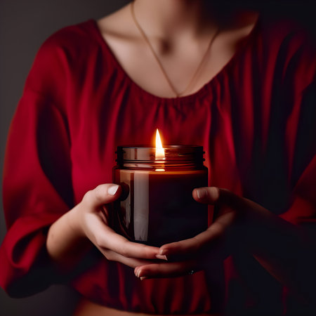 Woman in red dress holding burning candle, design and branding ready candle jar mockup with female hands, no faceの素材