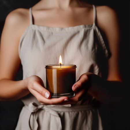 Woman in beige dress holding burning candle, design and branding ready candle jar mockup with female hands, no faceの素材