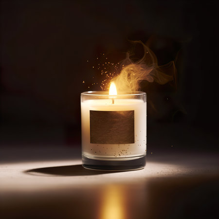 Burning candle mockup, front view of glass candle jar on studio background, design and branding ready candle templateの素材