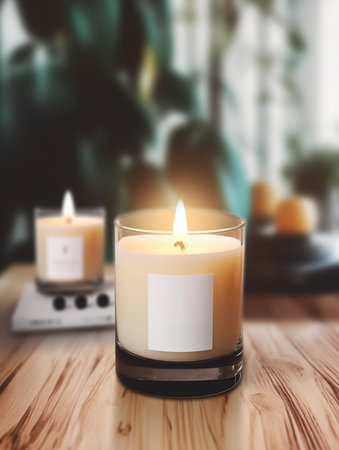 Burning candle mockup, styled home interior decor with candle jar with label templateの素材