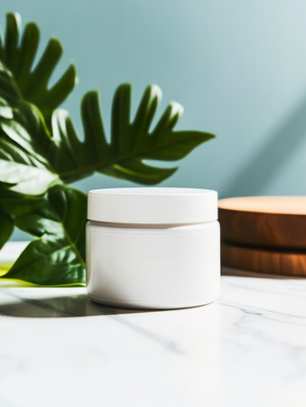 Cosmetic cream jar mockup, skincare product container with tropical green leaves background, front viewの素材