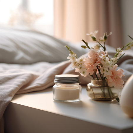 Cosmetic cream jar on bedside table with flowers in beige bedroom background, cream jar mockupの素材