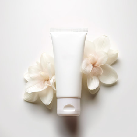 White cream tube mockup, cosmetic care product with flowers, styled mockupの素材