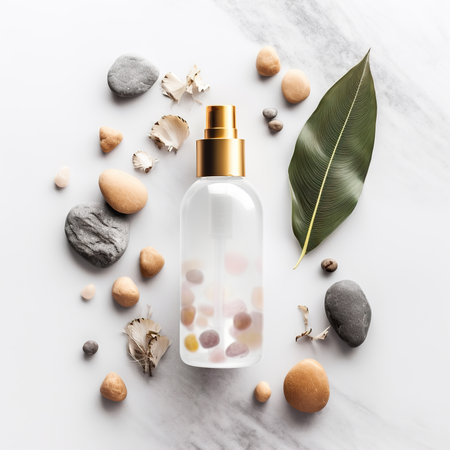 Beautiful natural styled hair and body spray flat lay mock-up, spray bottle on green and yellow background, cosmetic bottle front viewの素材