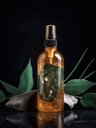 Beautiful natural styled hair and body oil spray mock-up, spray bottle on green and yellow background, cosmetic bottle front viewの素材
