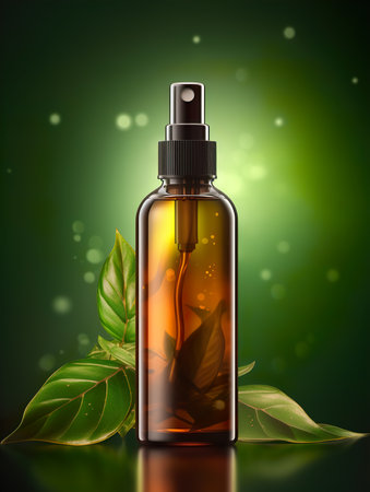 Beautiful natural styled hair and body oil spray mock-up, spray bottle on green and yellow background, cosmetic bottle front viewの素材