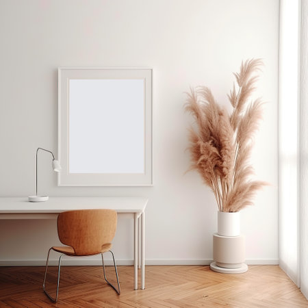 Artwork frame mock-up, minimalist blank empty frame on beige wall, front view, realistic contemporary home interiorの素材