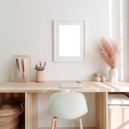 Artwork frame mock-up, minimalist blank empty frame on beige wall, front view, realistic contemporary home interiorの素材