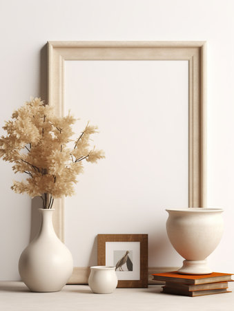 Artwork frame mock-up, minimalist blank empty frame on beige wall, front view, realistic contemporary home interiorの素材