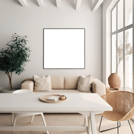 Artwork frame mock-up, minimalist blank empty frame on beige wall, front view, realistic contemporary home interiorの素材