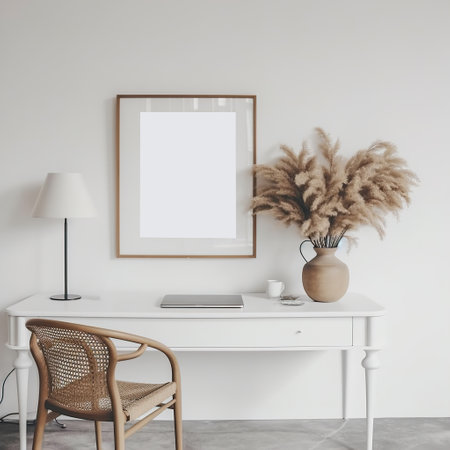 Artwork frame mock-up, minimalist blank empty frame on beige wall, front view, realistic contemporary home interiorの素材
