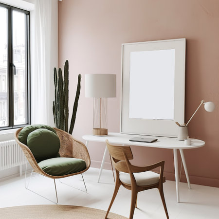 Artwork frame mock-up, minimalist blank empty frame on beige wall, front view, realistic contemporary home interiorの素材