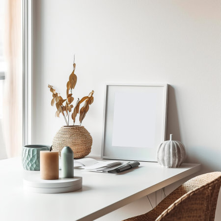 Artwork frame mock-up, minimalist blank empty frame on beige wall, front view, realistic contemporary home interiorの素材