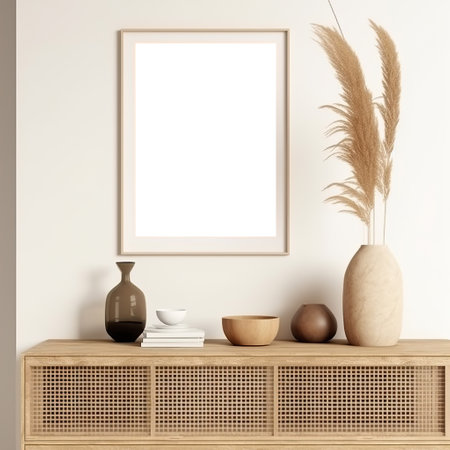 Artwork frame mock-up, minimalist blank empty frame on beige wall, front view, realistic contemporary home interiorの素材