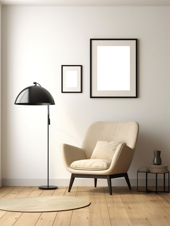 Artwork frame mock-up, minimalist blank empty frame on beige wall, front view, realistic contemporary home interiorの素材