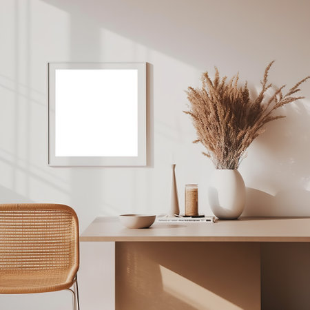 Artwork frame mock-up, minimalist blank empty frame on beige wall, front view, realistic contemporary home interiorの素材