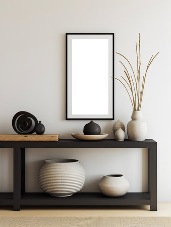 Artwork frame mock-up, minimalist blank empty frame on beige wall, front view, realistic contemporary home interiorの素材
