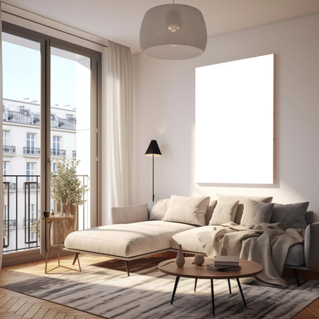 Artwork frame mock-up, minimalist blank empty frame on beige wall, front view, realistic contemporary home interiorの素材