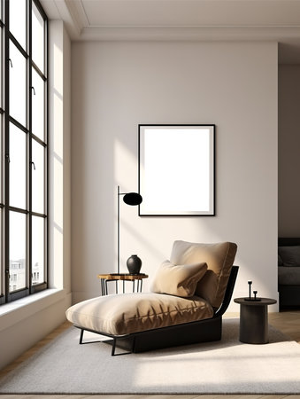 Artwork frame mock-up, minimalist blank empty frame on beige wall, front view, realistic contemporary home interiorの素材