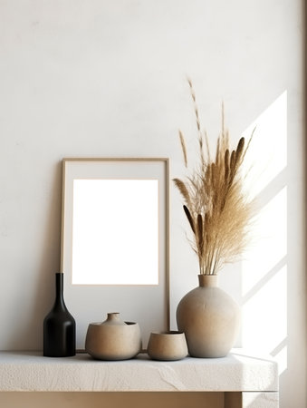 Artwork frame mock-up, minimalist blank empty frame on beige wall, front view, realistic contemporary home interiorの素材