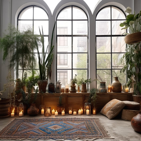 Boho styled room interior with big window, green houseplants and natural home decorの素材